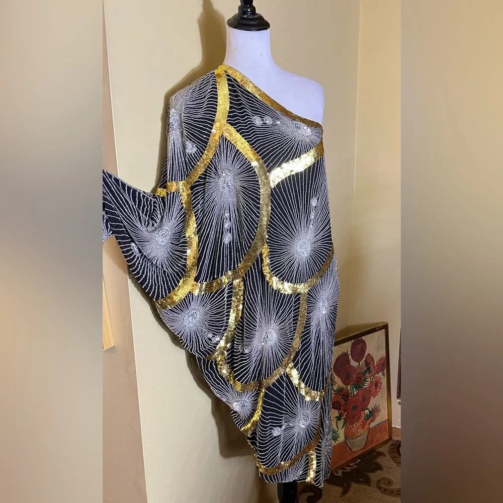 Vtg Disco Beaded Sequin Rhinestone Size Small Elegant Evening Gatsby 100% Silk - Picture 3 of 16
